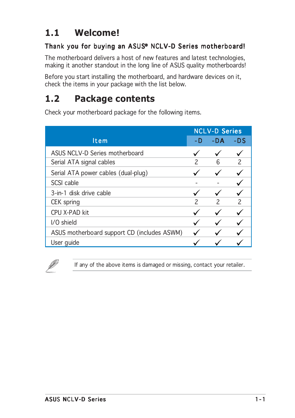 1 welcome, 2 package contents | Asus NCLV-D User Manual | Page 15 / 104