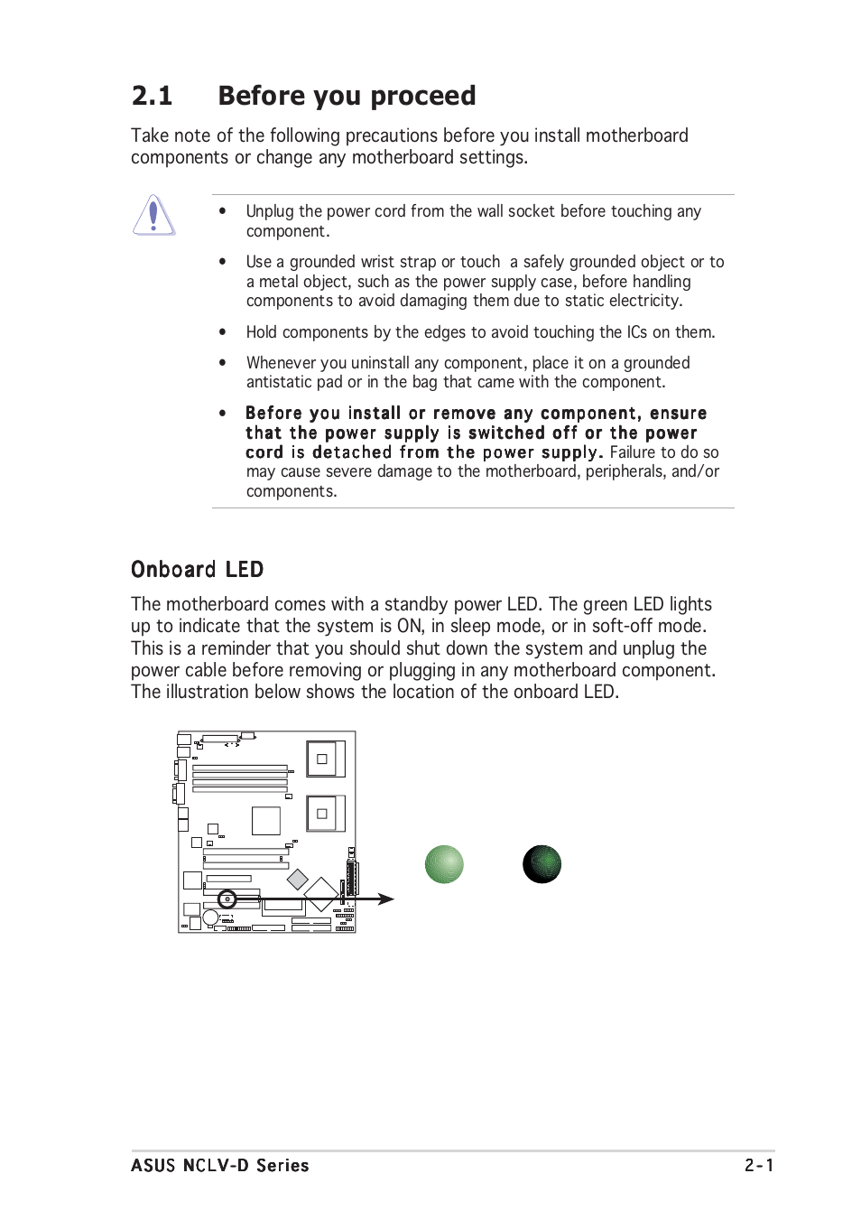 1 before you proceed, Onboard led | Asus NCLV-D User Manual | Page 21 / 104