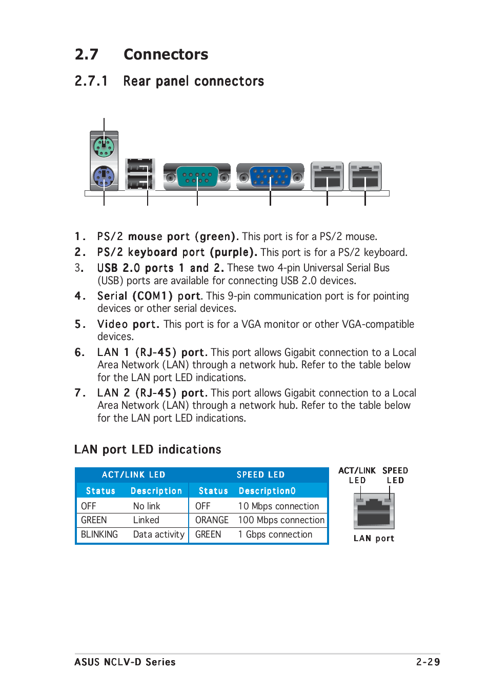 7 connectors, Lan port led indications | Asus NCLV-D User Manual | Page 49 / 104