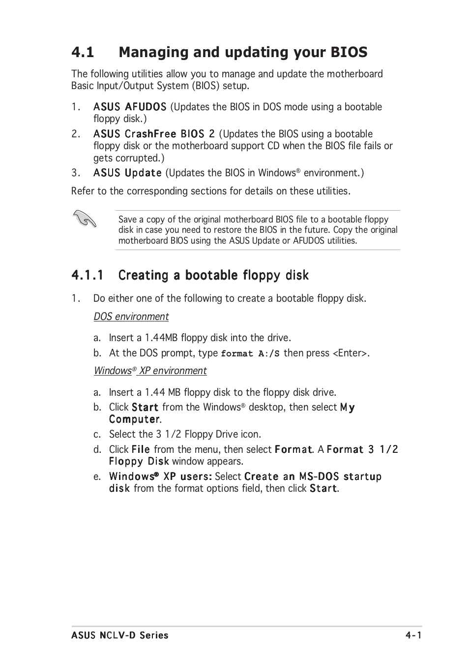 1 managing and updating your bios | Asus NCLV-D User Manual | Page 67 / 104