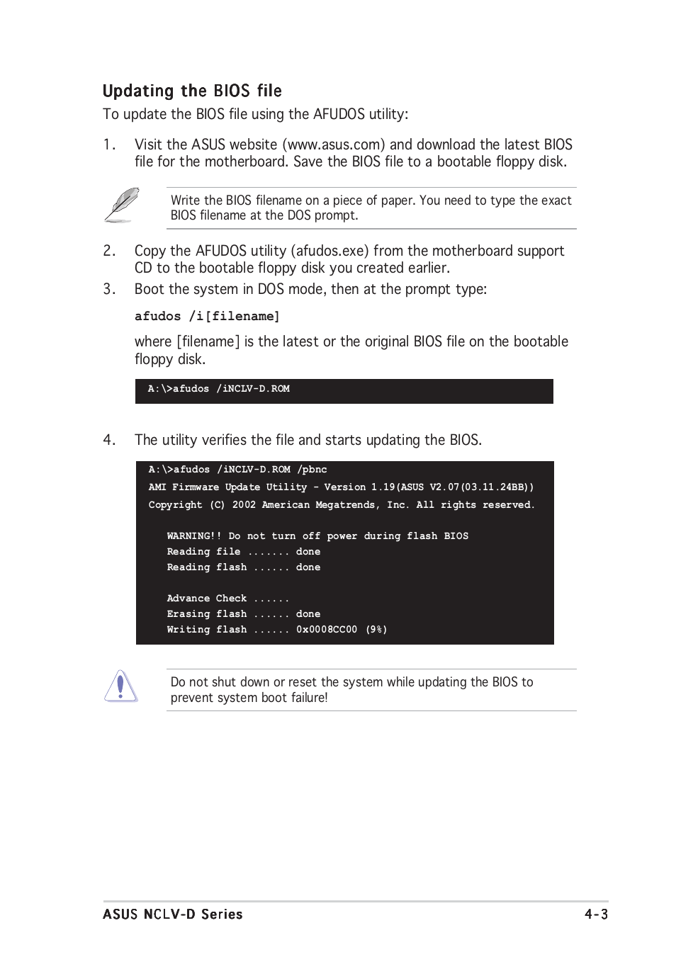 Updating the bios file | Asus NCLV-D User Manual | Page 69 / 104