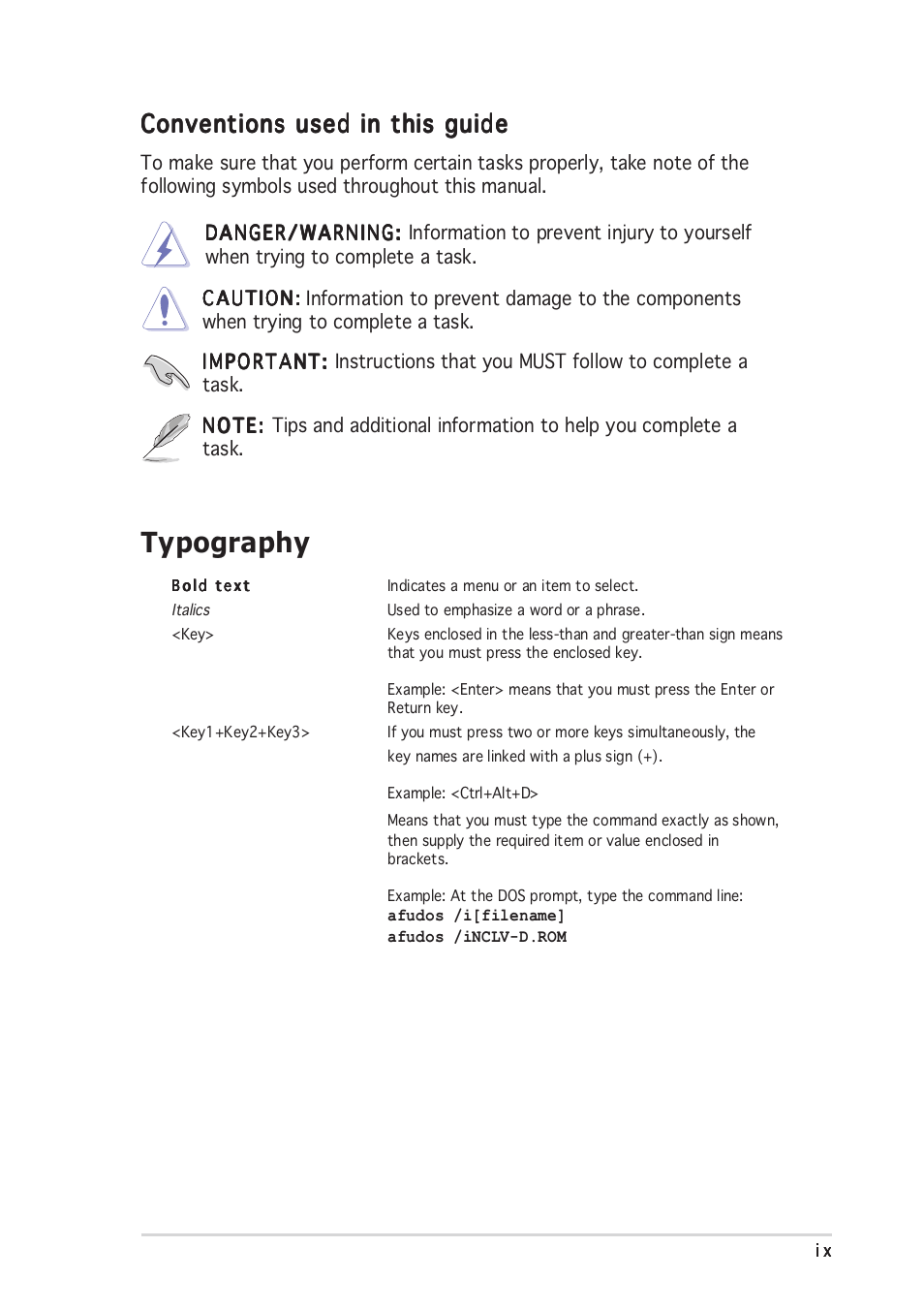 Typography, Conventions used in this guide | Asus NCLV-D User Manual | Page 9 / 104