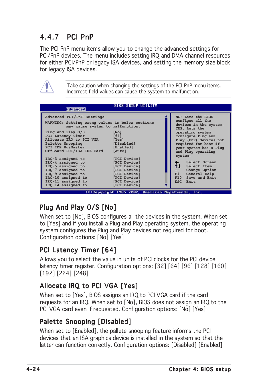 7 pci pnp pci pnp pci pnp pci pnp pci pnp, Plug and play o/s [no, Pci latency timer [64 | Allocate irq to pci vga [yes, Palette snooping [disabled | Asus NCLV-D User Manual | Page 90 / 104