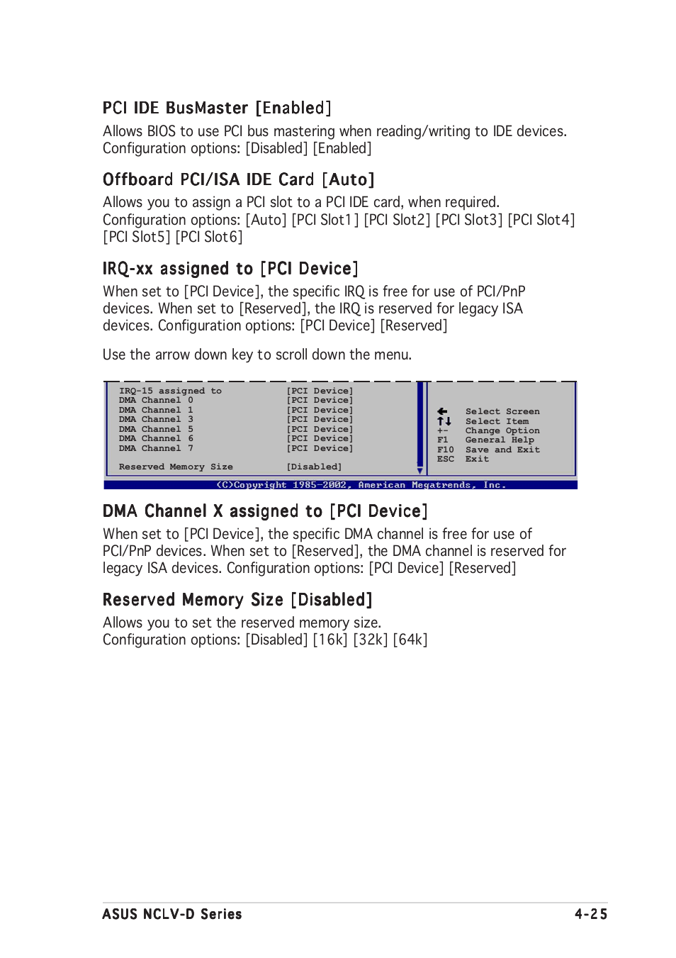 Pci ide busmaster [enabled, Offboard pci/isa ide card [auto, Irq-xx assigned to [pci device | Dma channel x assigned to [pci device | Asus NCLV-D User Manual | Page 91 / 104