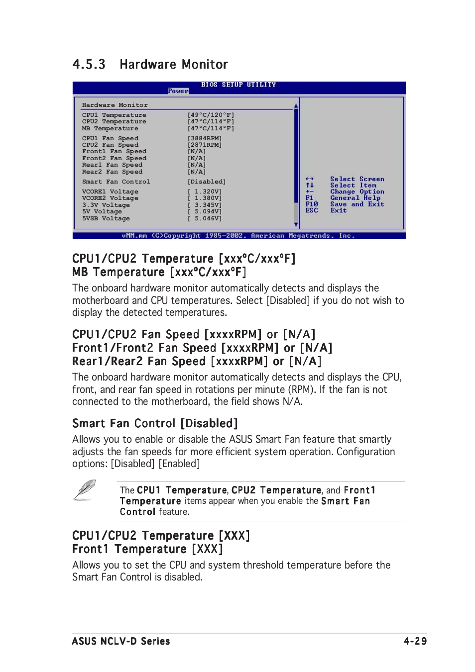 Cpu1/cpu2 temperature [xxxºc/xxxºf, Smart fan control [disabled, Cpu1/cpu2 temperature [xxx | Asus NCLV-D User Manual | Page 95 / 104