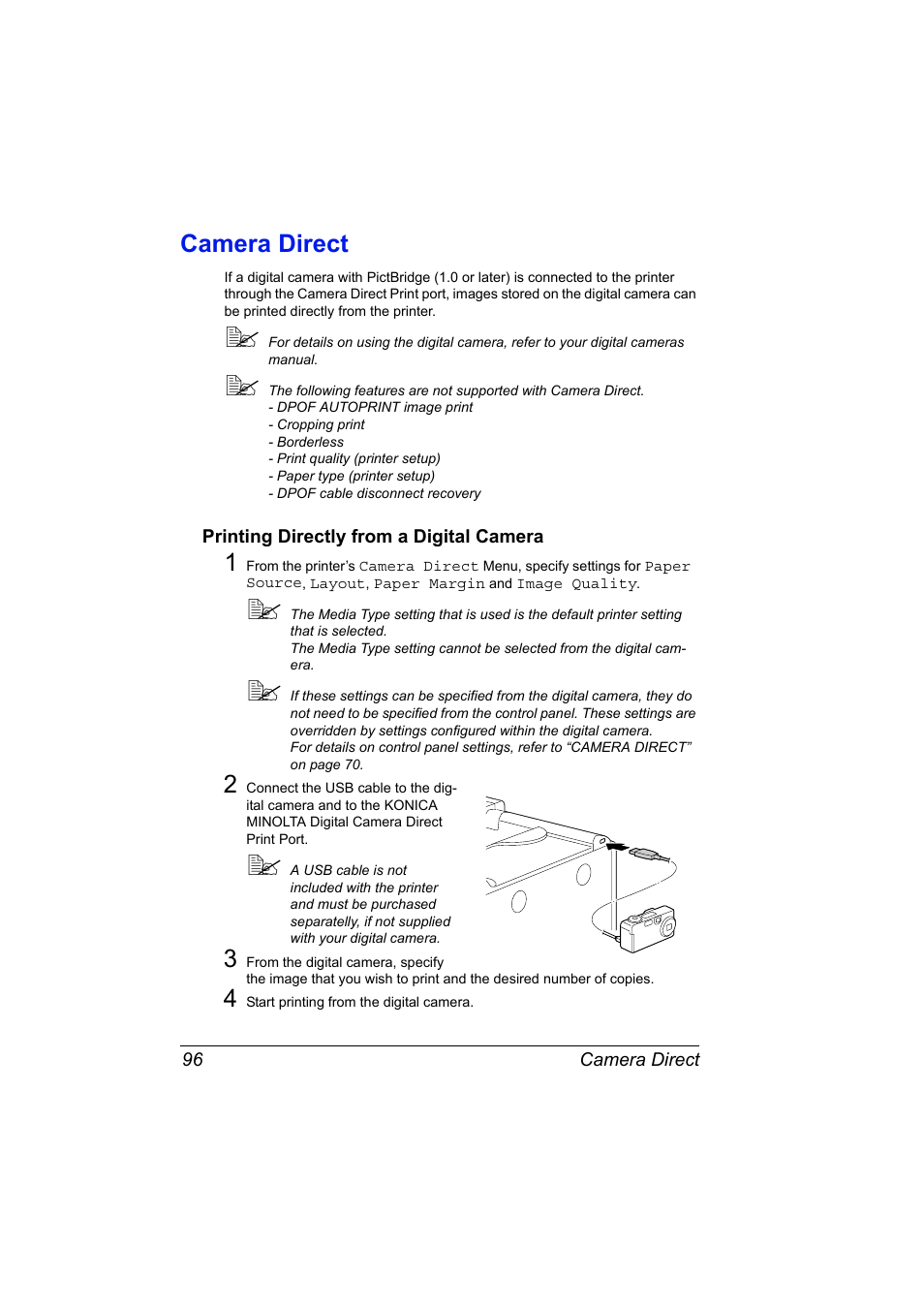 Camera direct, Printing directly from a digital camera, Camera direct 96 | Printing directly from a digital camera 96 | Konica Minolta magicolor 5570 User Manual | Page 110 / 284