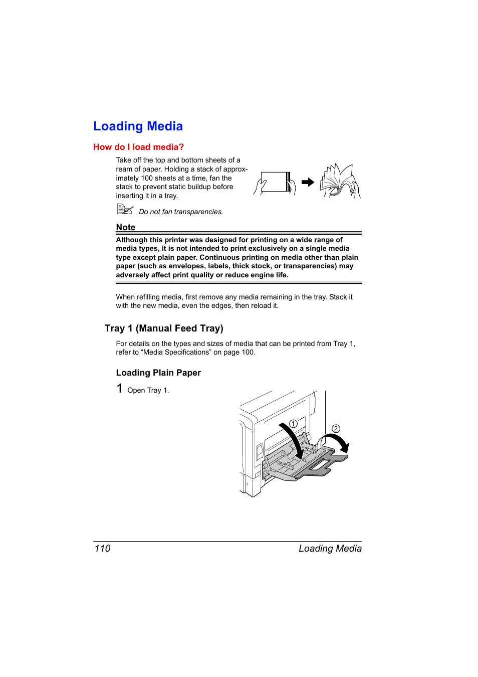 Loading media, Tray 1 (manual feed tray), Loading plain paper | Loading media 110, Tray 1 (manual feed tray) 110, Loading plain paper 110 | Konica Minolta magicolor 5570 User Manual | Page 124 / 284