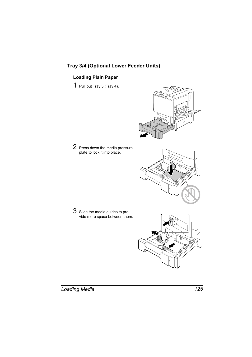Tray 3/4 (optional lower feeder units), Loading plain paper, Tray 3/4 (optional lower feeder units) 125 | Loading plain paper 125 | Konica Minolta magicolor 5570 User Manual | Page 139 / 284