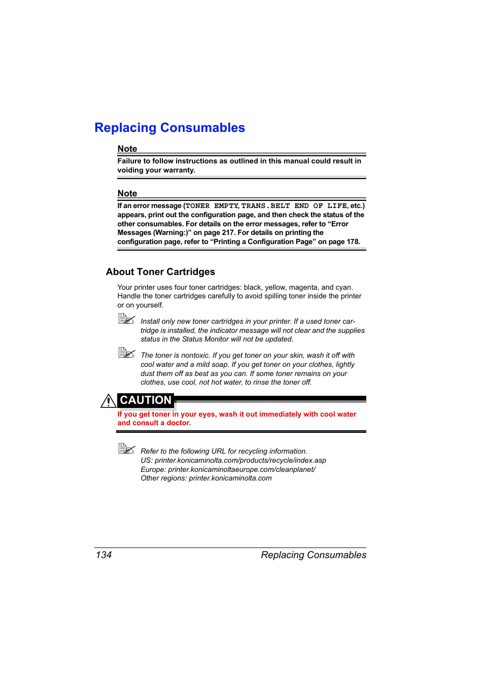 Replacing consumables, About toner cartridges, Replacing consumables 134 | About toner cartridges 134, Caution | Konica Minolta magicolor 5570 User Manual | Page 148 / 284