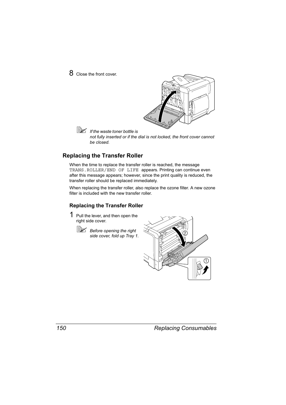 Replacing the transfer roller, Replacing the transfer roller 150 | Konica Minolta magicolor 5570 User Manual | Page 164 / 284