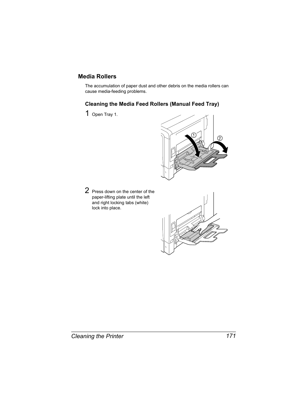Media rollers, Cleaning the media feed rollers (manual feed tray), Media rollers 171 | Konica Minolta magicolor 5570 User Manual | Page 185 / 284