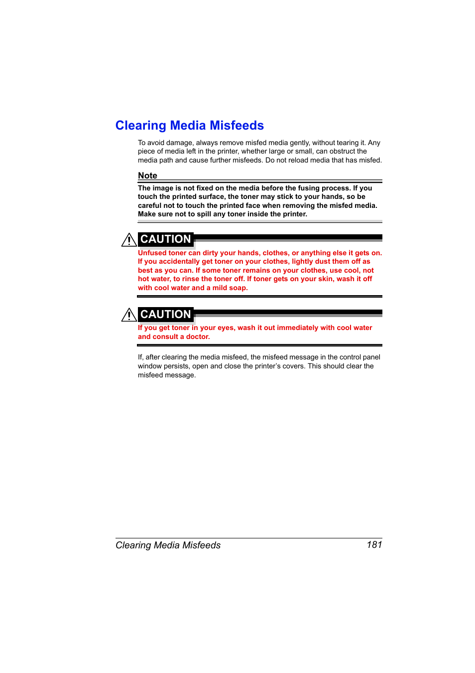 Clearing media misfeeds, Clearing media misfeeds 181, Caution | Konica Minolta magicolor 5570 User Manual | Page 195 / 284