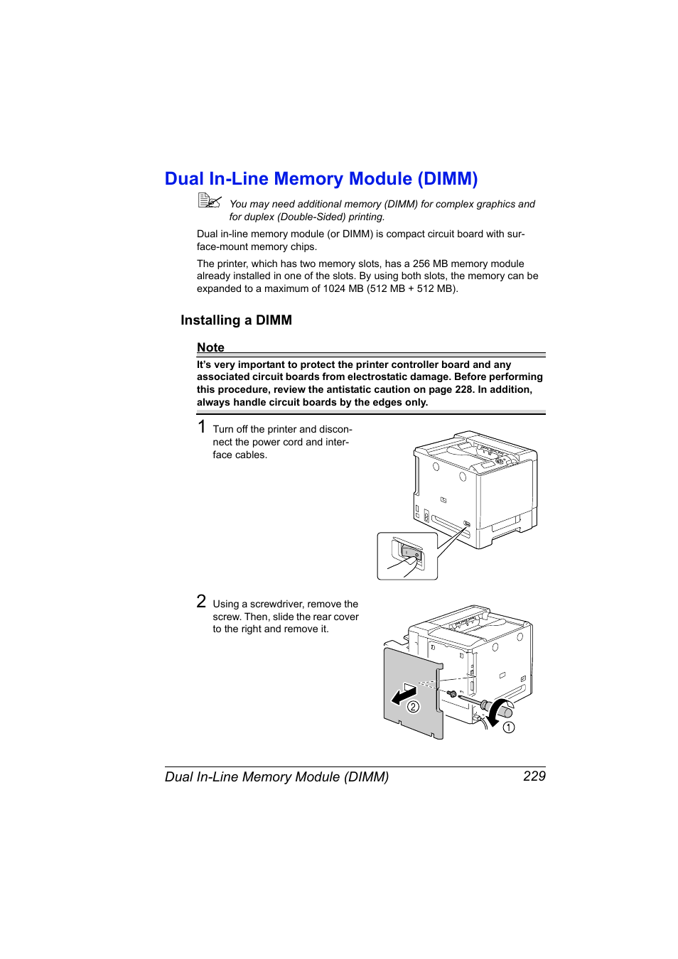 Dual in-line memory module (dimm), Installing a dimm, Dual in-line memory module (dimm) 229 | Installing a dimm 229 | Konica Minolta magicolor 5570 User Manual | Page 243 / 284