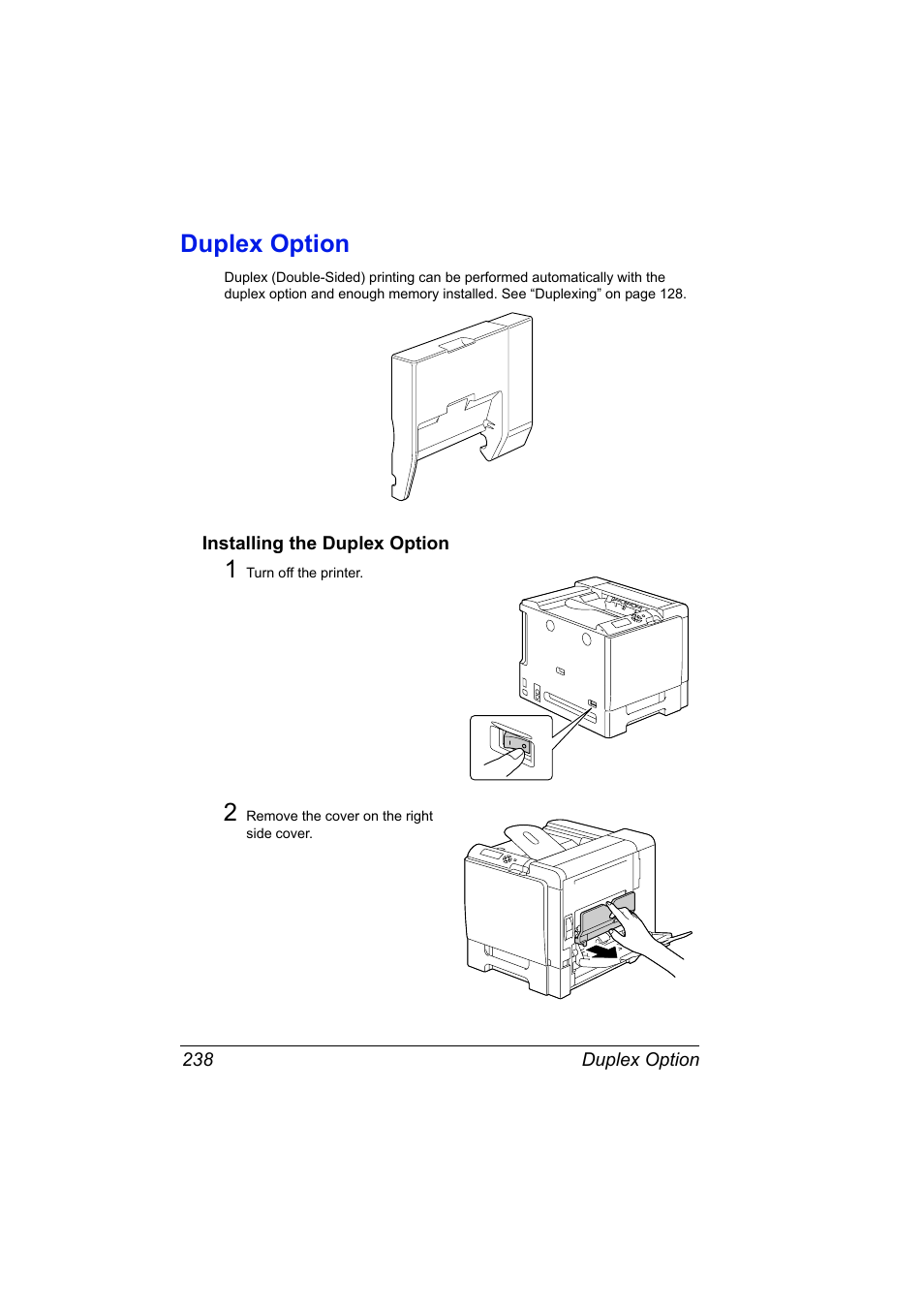Duplex option, Installing the duplex option, Duplex option 238 | Installing the duplex option 238 | Konica Minolta magicolor 5570 User Manual | Page 252 / 284