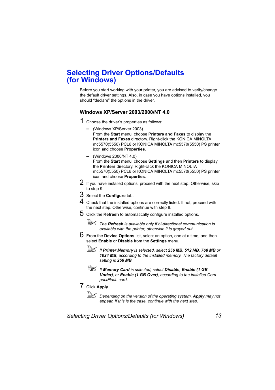 Selecting driver options/defaults (for windows), Windows xp/server 2003/2000/nt 4.0, Selecting driver options/defaults (for windows) 13 | Windows xp/server 2003/2000/nt 4.0 13 | Konica Minolta magicolor 5570 User Manual | Page 27 / 284