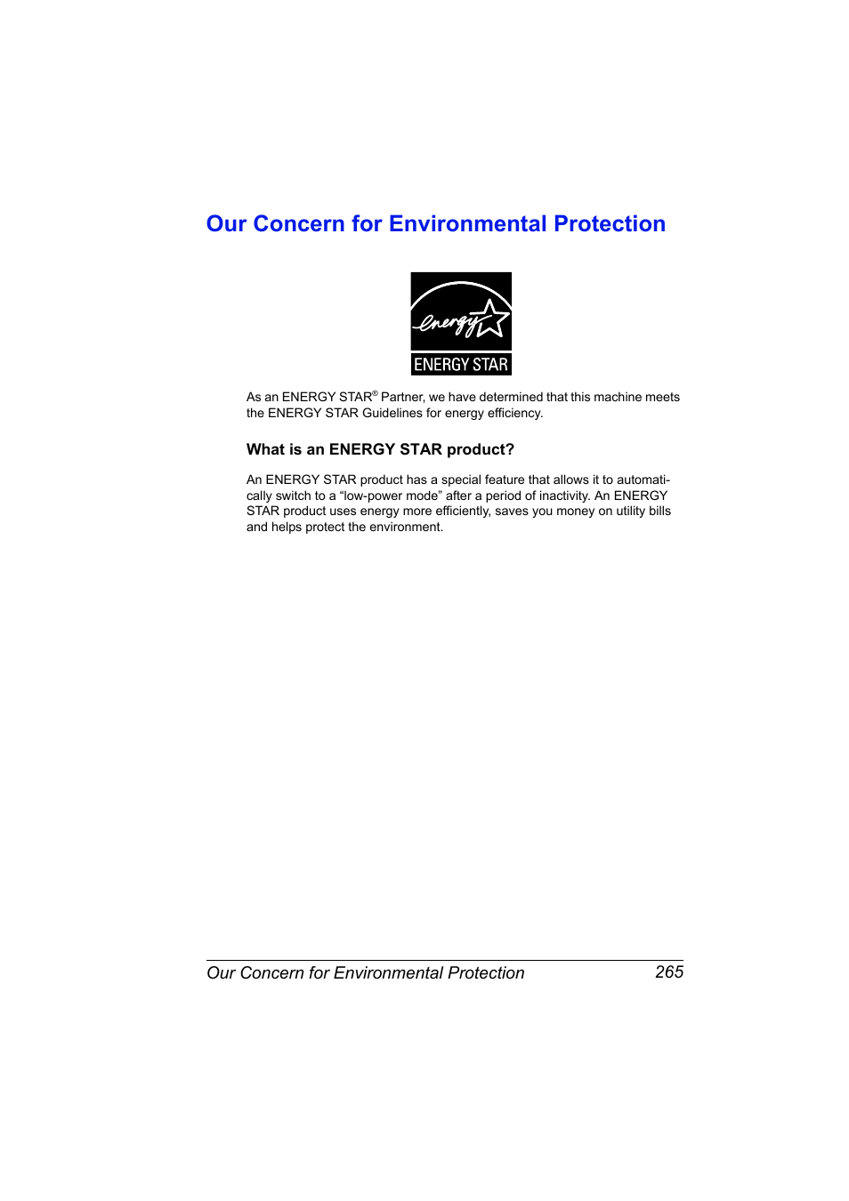 Our concern for environmental protection, What is an energy star product, Our concern for environmental protection 265 | What is an energy star product? 265 | Konica Minolta magicolor 5570 User Manual | Page 279 / 284