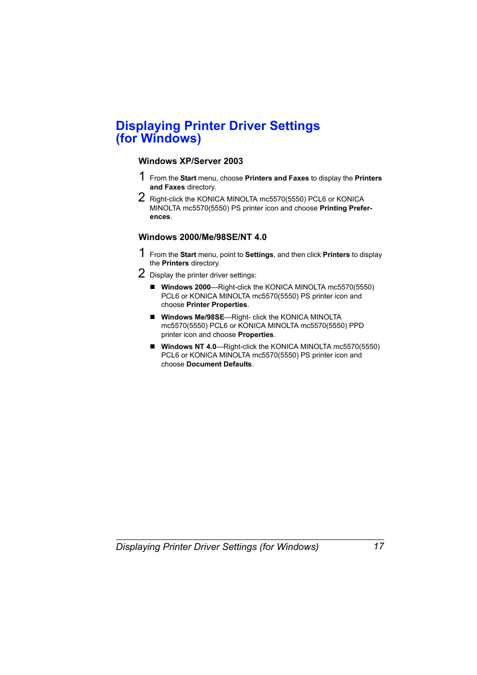 Displaying printer driver settings (for windows), Windows xp/server 2003, Windows 2000/me/98se/nt 4.0 | Konica Minolta magicolor 5570 User Manual | Page 31 / 284