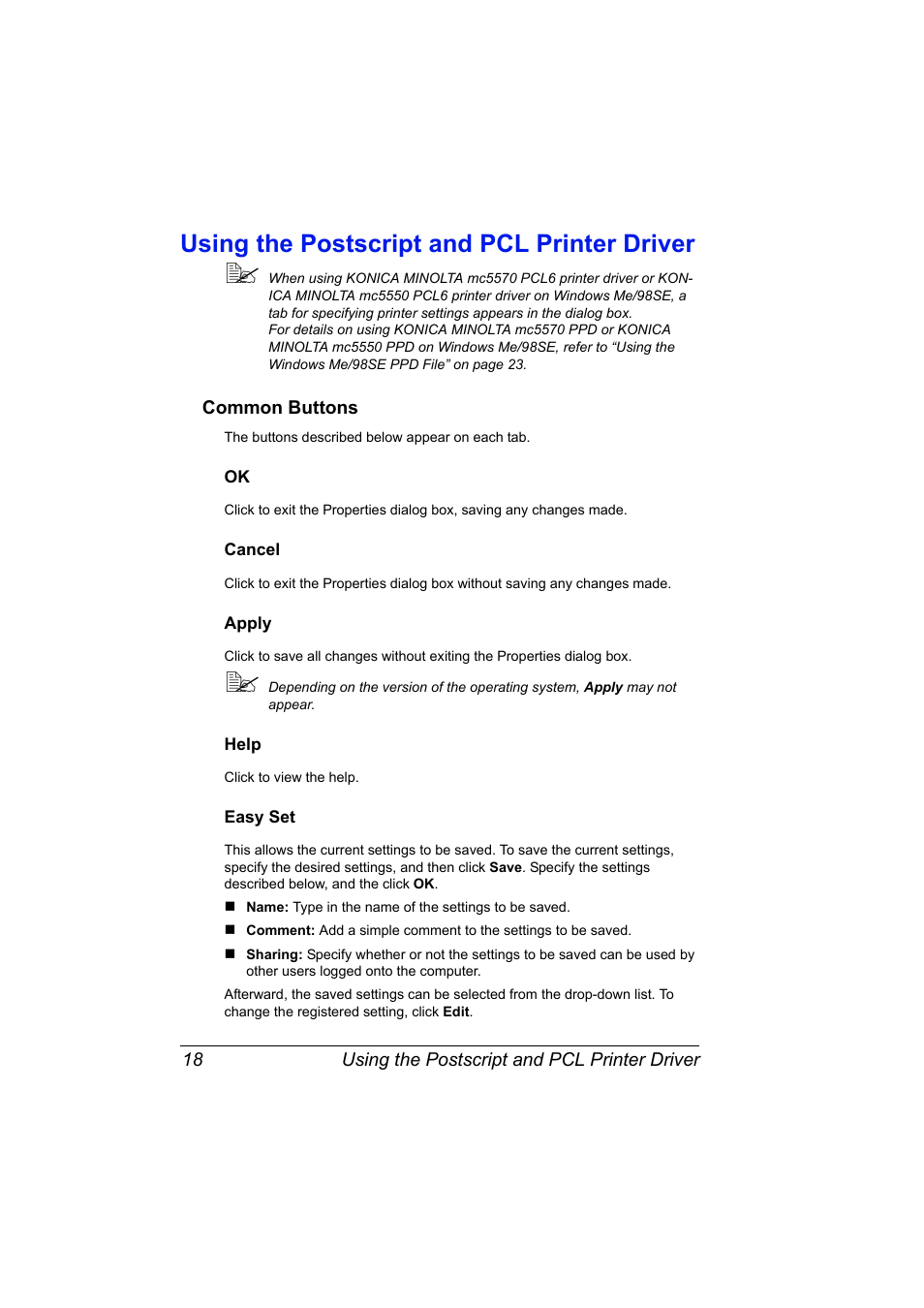 Using the postscript and pcl printer driver, Common buttons, Cancel | Apply, Help, Easy set, Using the postscript and pcl printer driver 18, Common buttons 18, Ok 18 cancel 18 apply 18 help 18 easy set 18 | Konica Minolta magicolor 5570 User Manual | Page 32 / 284