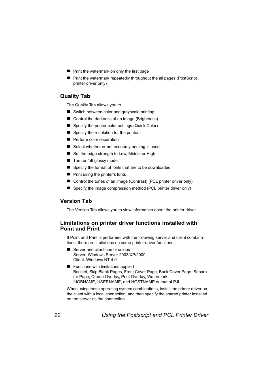 Quality tab, Version tab, Using the postscript and pcl printer driver 22 | Konica Minolta magicolor 5570 User Manual | Page 36 / 284