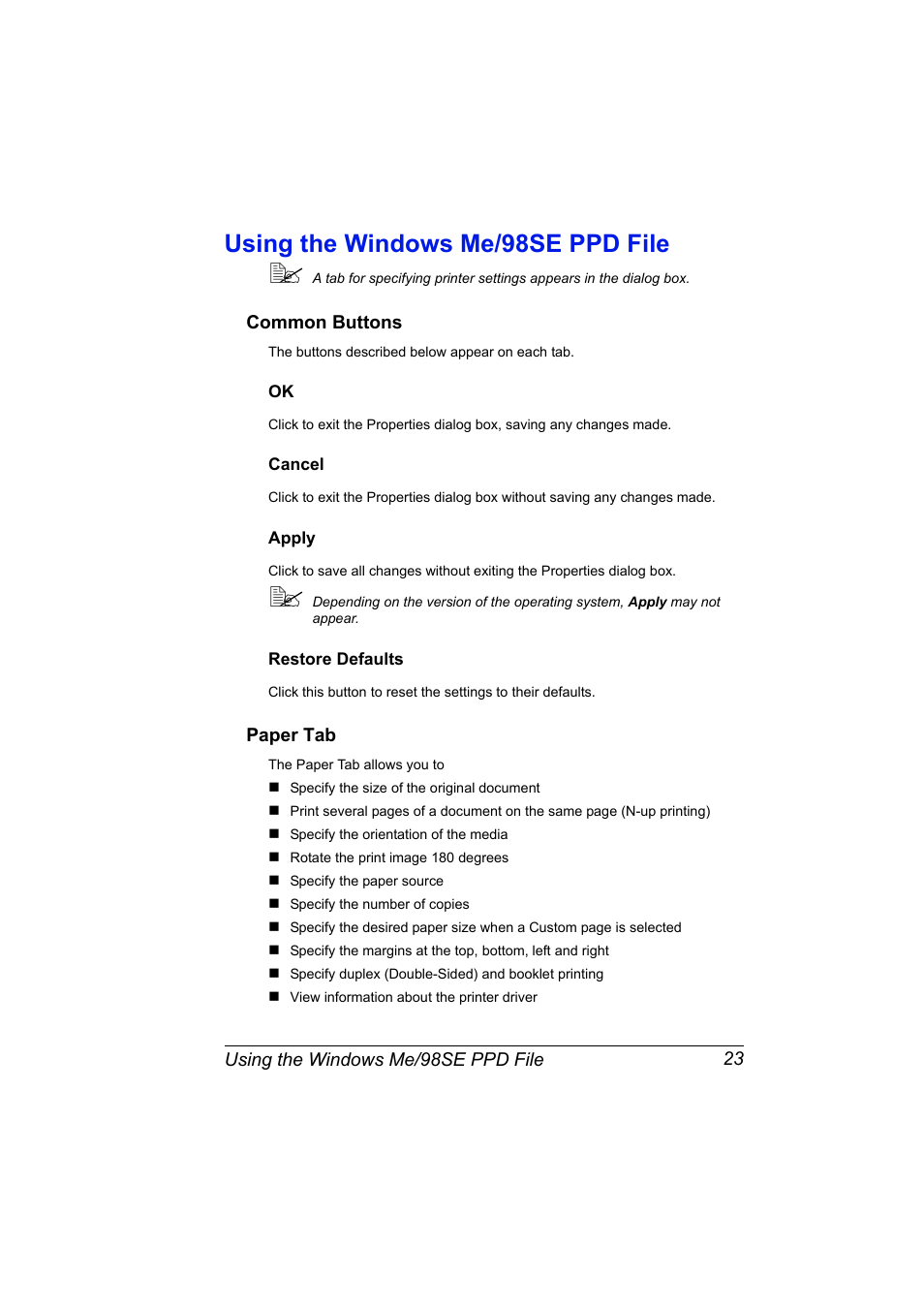Using the windows me/98se ppd file, Common buttons, Cancel | Apply, Restore defaults, Paper tab, Using the windows me/98se ppd file 23, Common buttons 23, Ok 23 cancel 23 apply 23 restore defaults 23, Paper tab 23 | Konica Minolta magicolor 5570 User Manual | Page 37 / 284