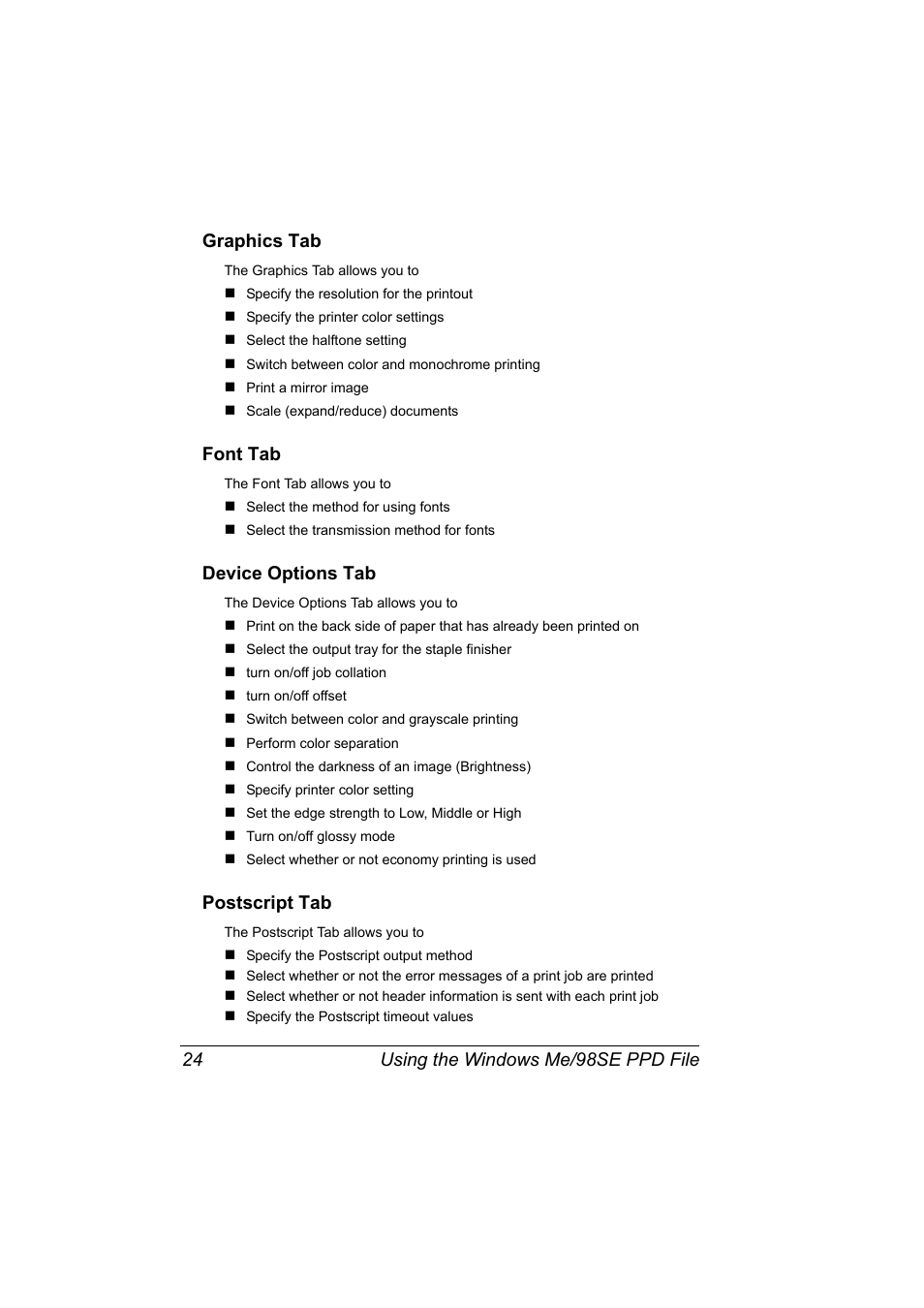 Graphics tab, Font tab, Device options tab | Postscript tab, Using the windows me/98se ppd file 24 graphics tab | Konica Minolta magicolor 5570 User Manual | Page 38 / 284