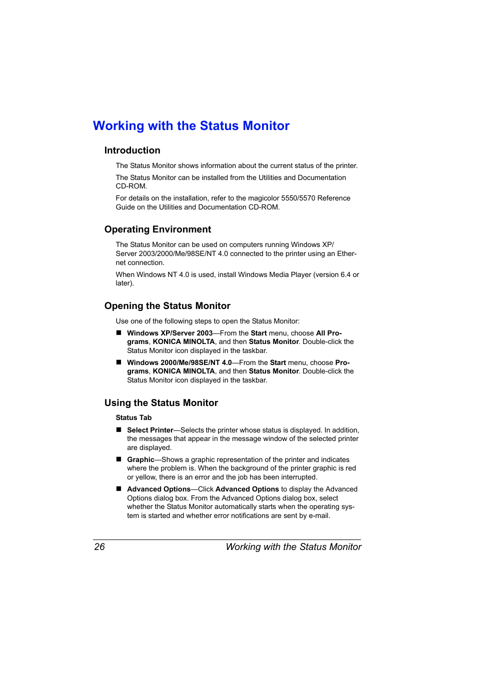 Working with the status monitor, Introduction, Operating environment | Opening the status monitor, Using the status monitor, Working with the status monitor 26, Using the status monitor 26 | Konica Minolta magicolor 5570 User Manual | Page 40 / 284