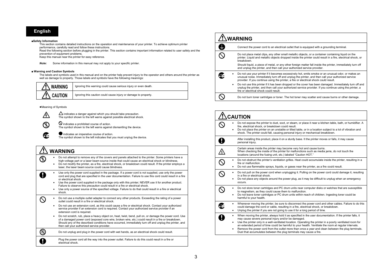 Warning, Caution, 3english | Konica Minolta Magicolor 2550DN User Manual | Page 2 / 48