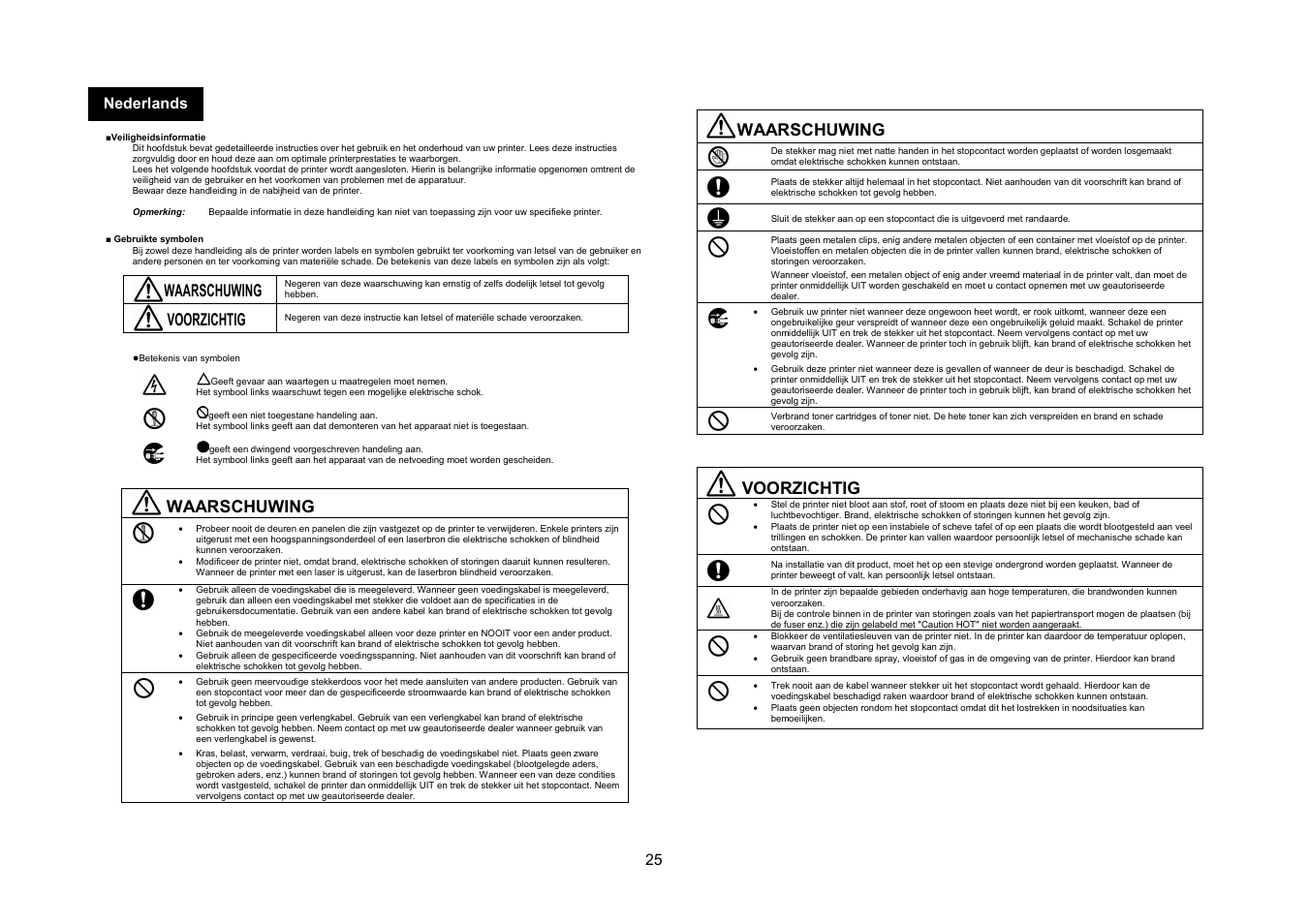 Waarschuwing, Voorzichtig, 25 nederlands | Konica Minolta Magicolor 2550DN User Manual | Page 24 / 48