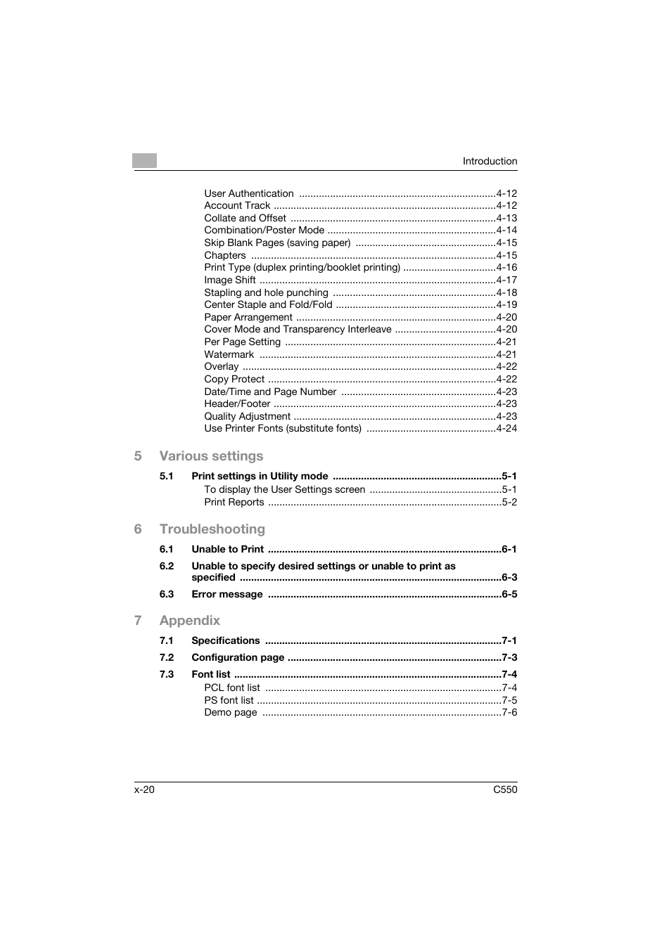 5various settings, 6troubleshooting, 7appendix | Konica Minolta bizhub C550 User Manual | Page 21 / 102