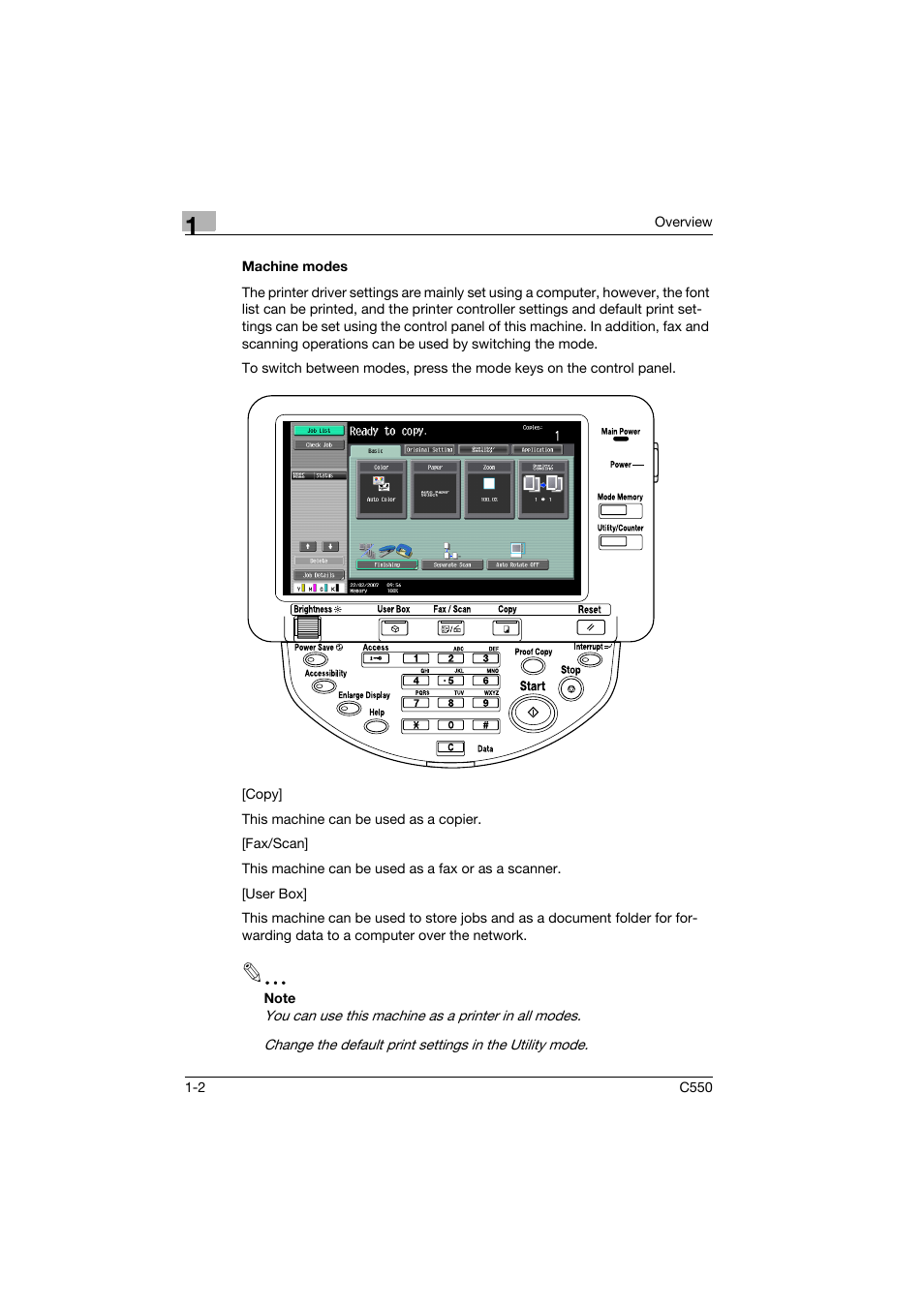 Machine modes, Machine modes -2 | Konica Minolta bizhub C550 User Manual | Page 27 / 102