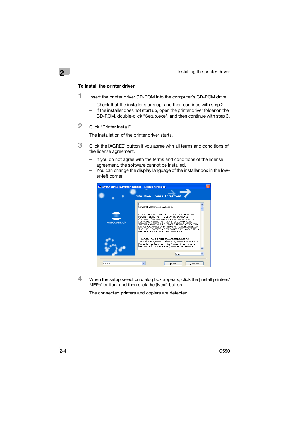 To install the printer driver, To install the printer driver -4 | Konica Minolta bizhub C550 User Manual | Page 39 / 102