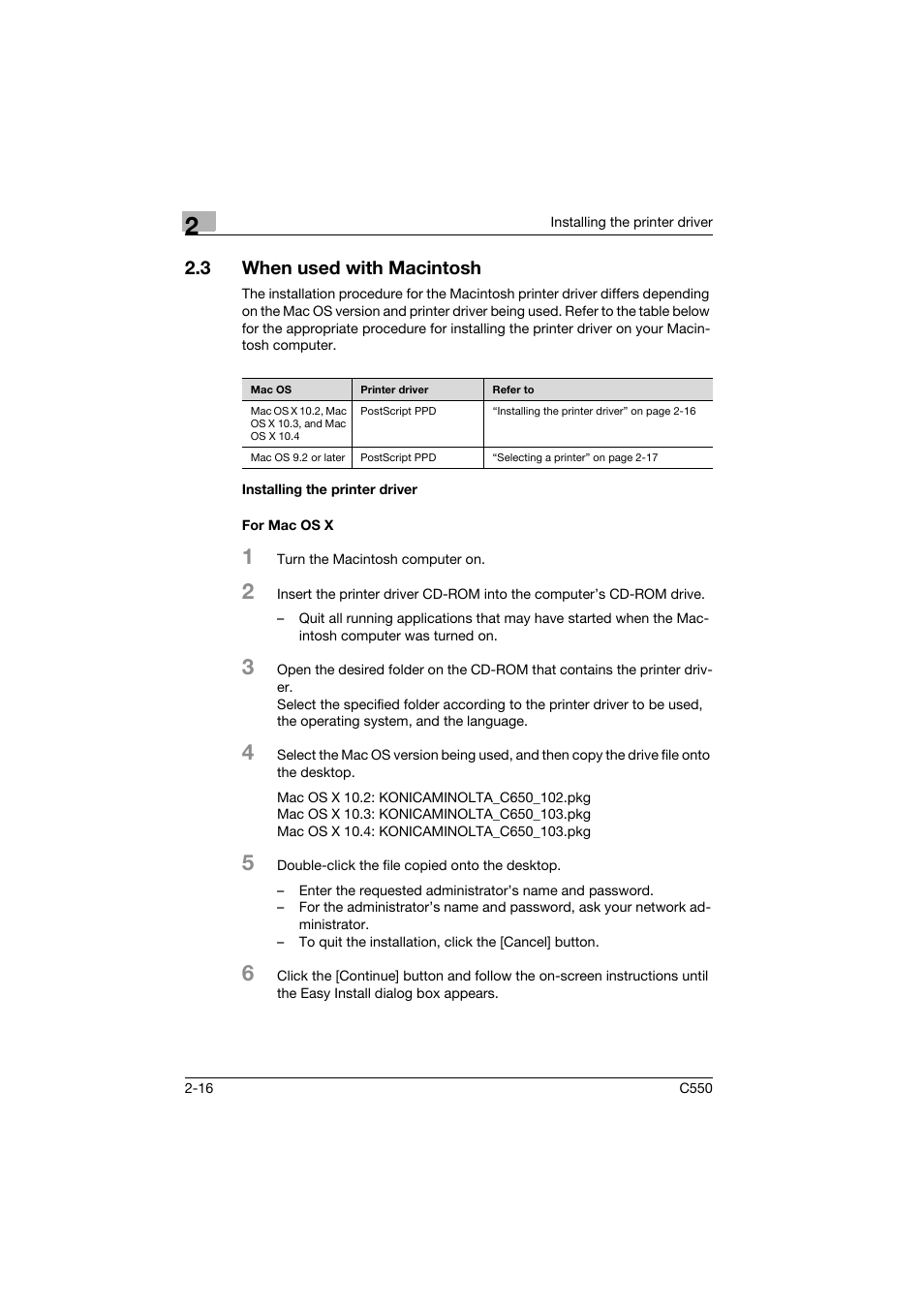 3 when used with macintosh, Installing the printer driver, For mac os x | When used with macintosh -16, Installing the printer driver -16 for mac os x -16 | Konica Minolta bizhub C550 User Manual | Page 51 / 102