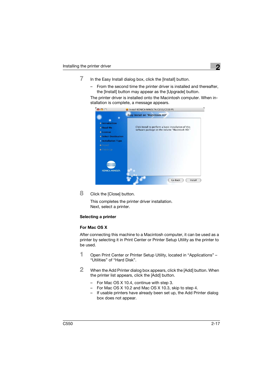 Selecting a printer, For mac os x, Selecting a printer -17 for mac os x -17 | Konica Minolta bizhub C550 User Manual | Page 52 / 102