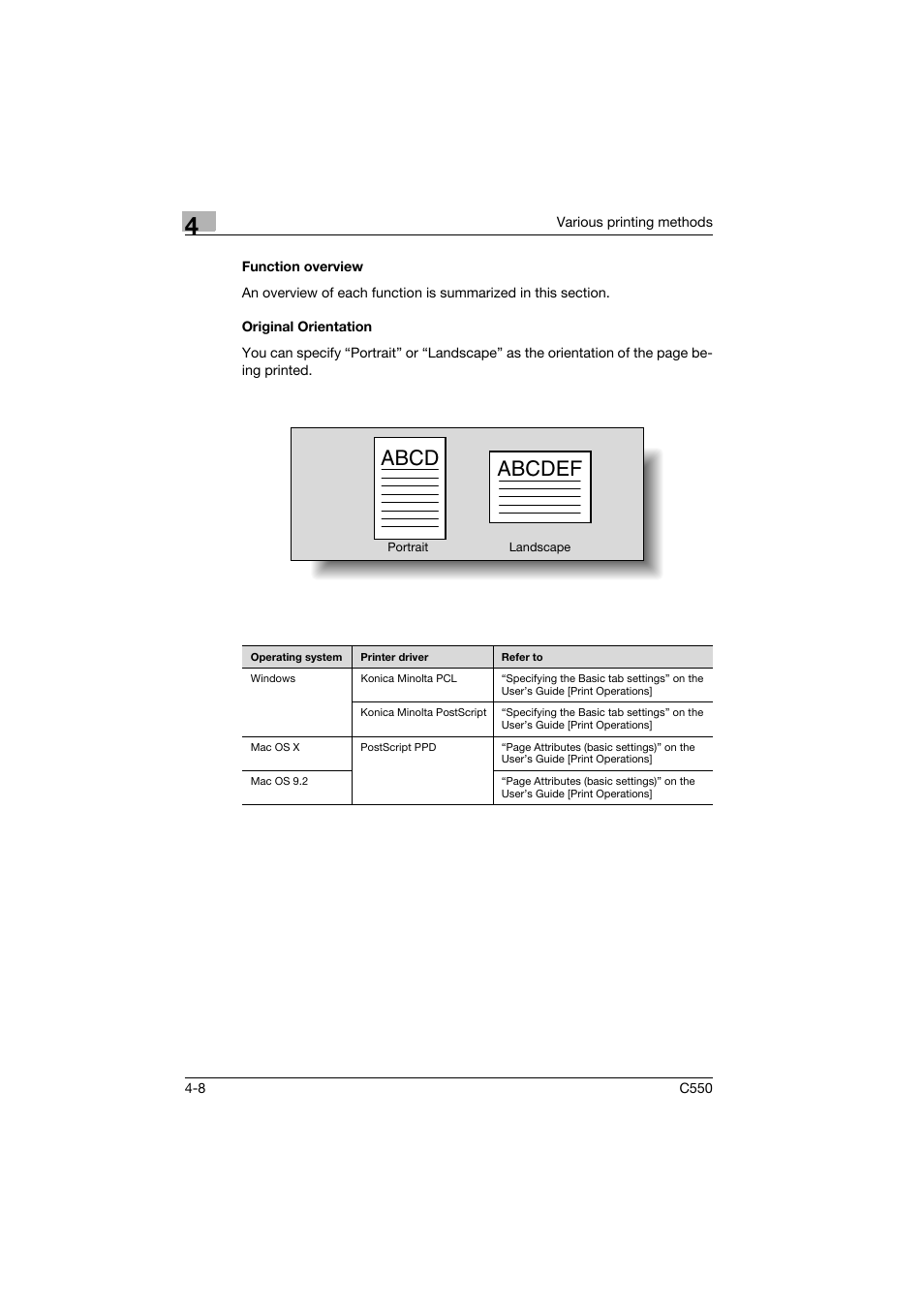 Function overview, Original orientation, Function overview -8 original orientation -8 | Abcd abcdef | Konica Minolta bizhub C550 User Manual | Page 69 / 102