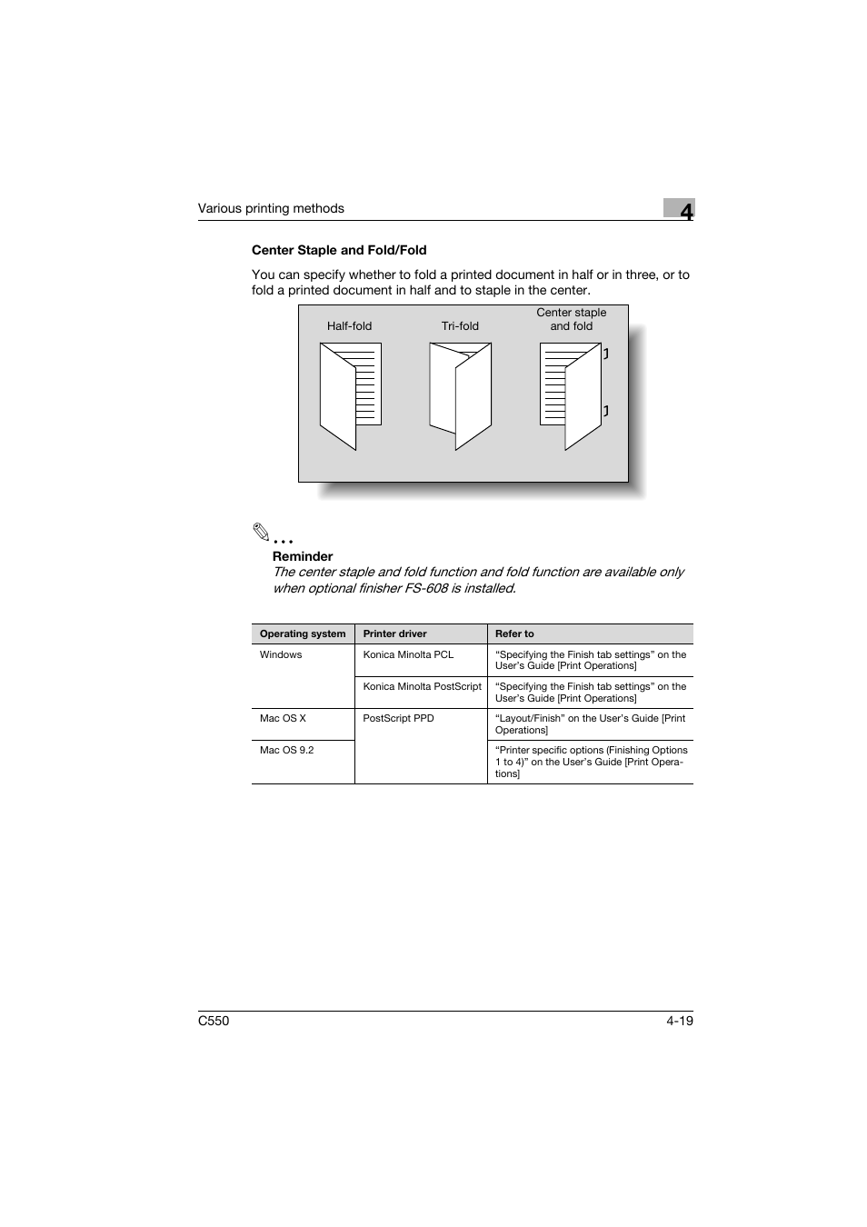 Center staple and fold/fold, Center staple and fold/fold -19 | Konica Minolta bizhub C550 User Manual | Page 80 / 102