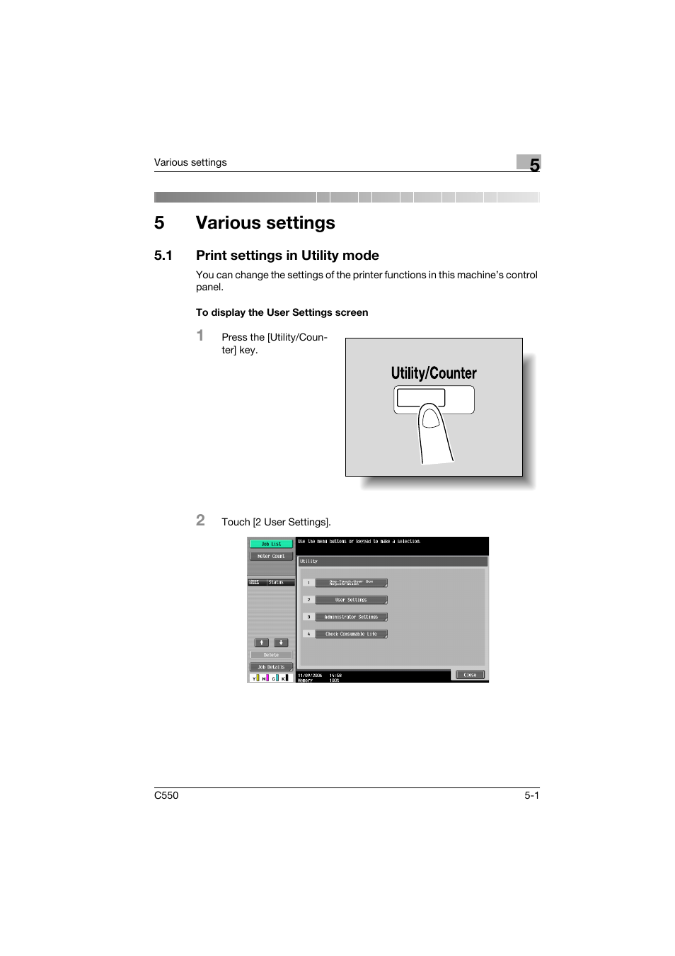 5 various settings, 1 print settings in utility mode, To display the user settings screen | Various settings, Print settings in utility mode -1, To display the user settings screen -1, 5various settings | Konica Minolta bizhub C550 User Manual | Page 86 / 102