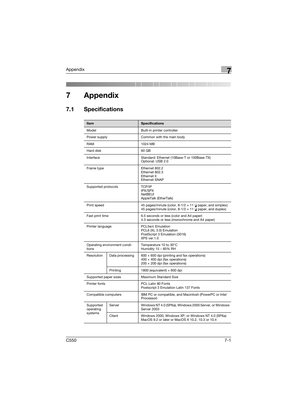 7 appendix, 1 specifications, Appendix | Specifications -1, 7appendix | Konica Minolta bizhub C550 User Manual | Page 96 / 102