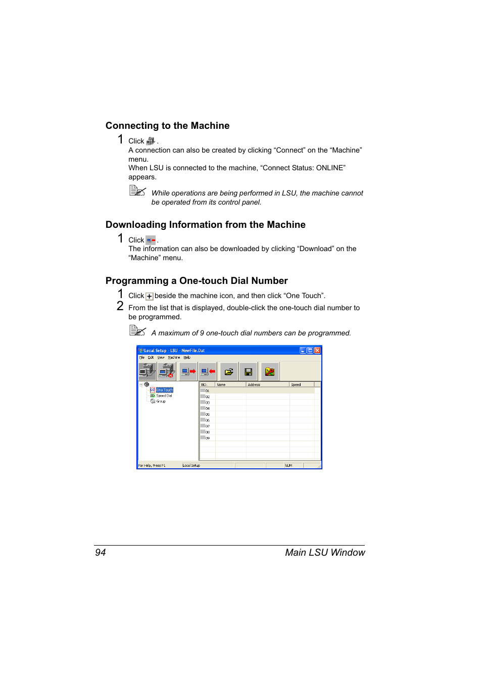 Connecting to the machine, Downloading information from the machine, Programming a one-touch dial number | Konica Minolta bizhub C10X User Manual | Page 104 / 198