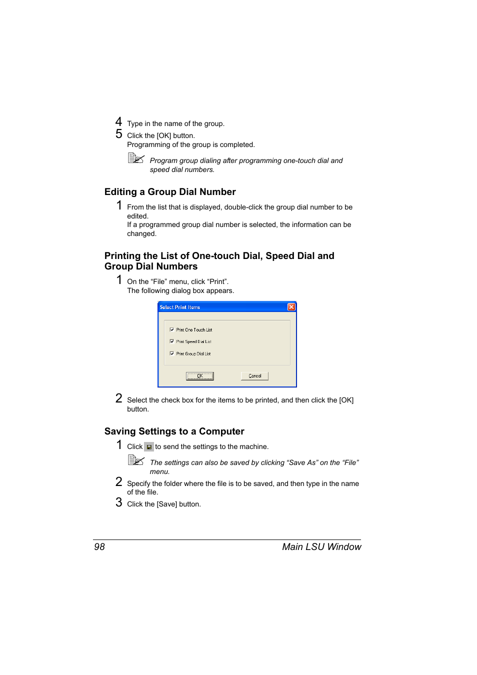 Editing a group dial number, Saving settings to a computer | Konica Minolta bizhub C10X User Manual | Page 108 / 198