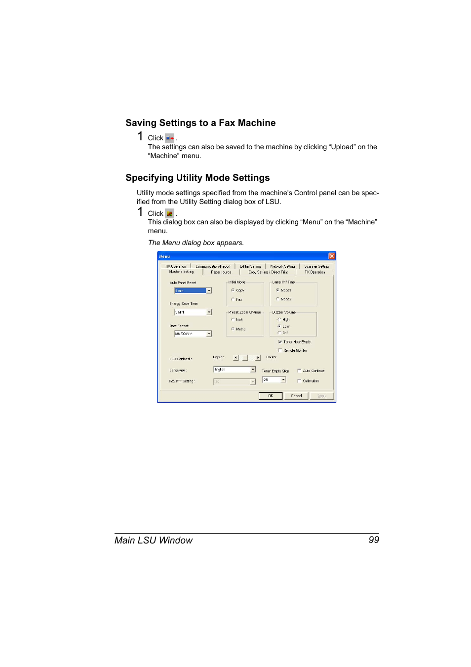 Saving settings to a fax machine, Specifying utility mode settings | Konica Minolta bizhub C10X User Manual | Page 109 / 198