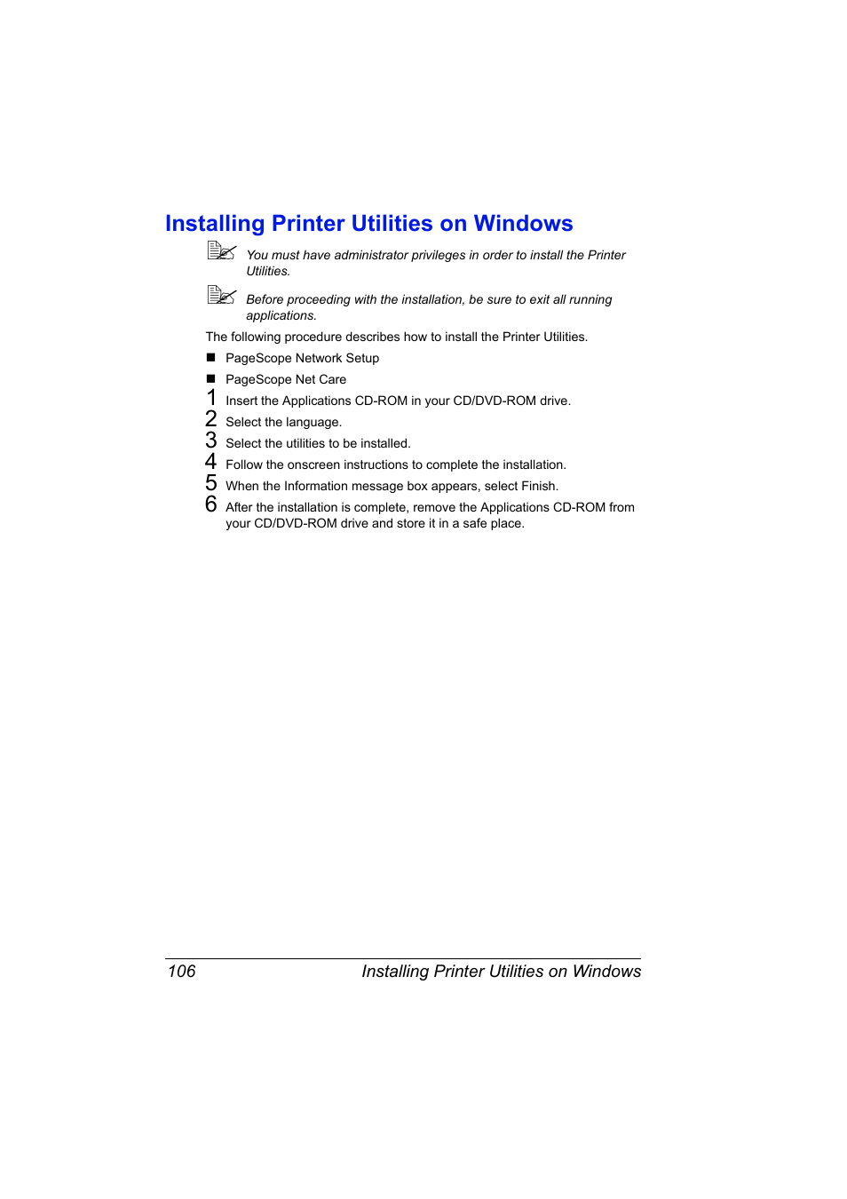 Installing printer utilities on windows, Installing printer utilities on windows 106 | Konica Minolta bizhub C10X User Manual | Page 116 / 198