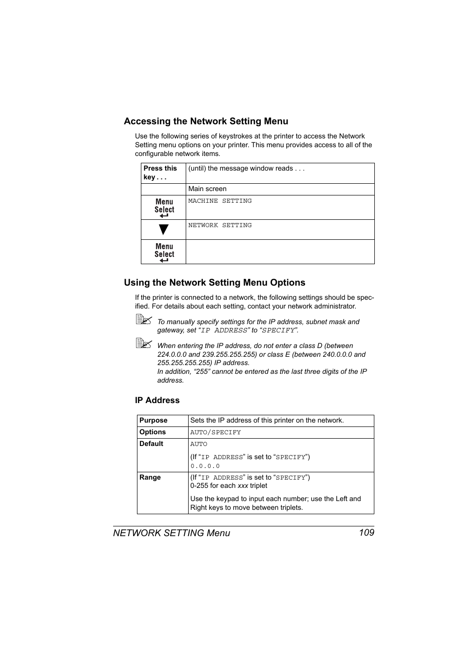 Accessing the network setting menu, Using the network setting menu options, Ip address | Ip address 109 | Konica Minolta bizhub C10X User Manual | Page 119 / 198