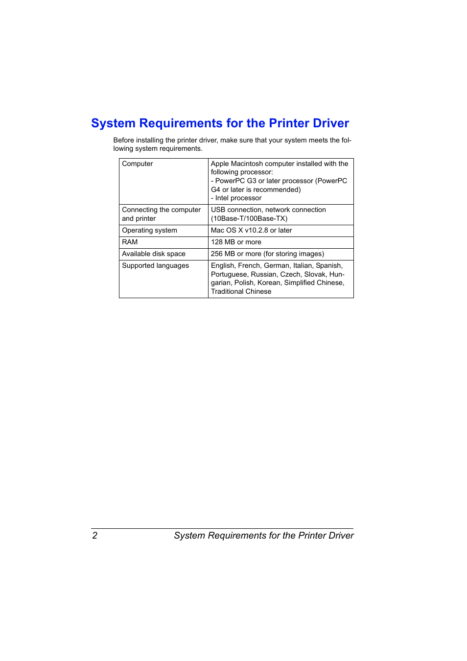 System requirements for the printer driver, System requirements for the printer driver 2 | Konica Minolta bizhub C10X User Manual | Page 12 / 198