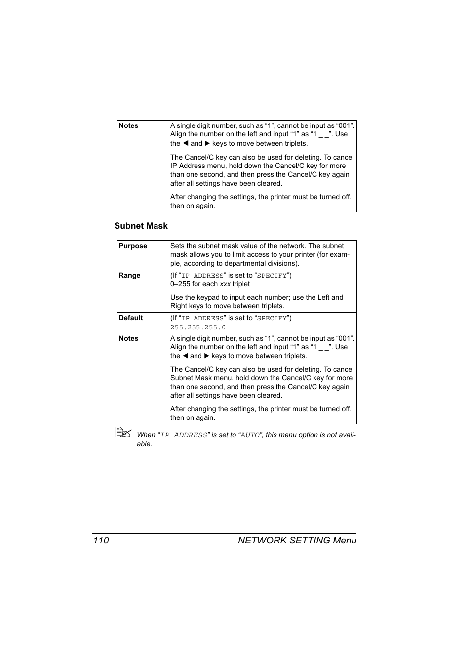 Subnet mask, Subnet mask 110, Network setting menu 110 | Konica Minolta bizhub C10X User Manual | Page 120 / 198