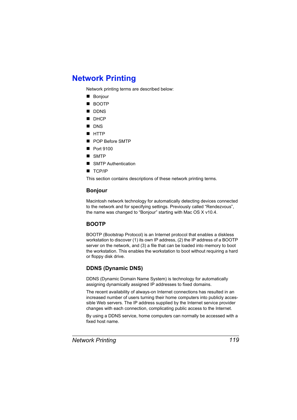 Network printing, Bonjour, Bootp | Ddns (dynamic dns), Network printing 119, Bonjour 119 bootp 119 ddns (dynamic dns) 119 | Konica Minolta bizhub C10X User Manual | Page 129 / 198