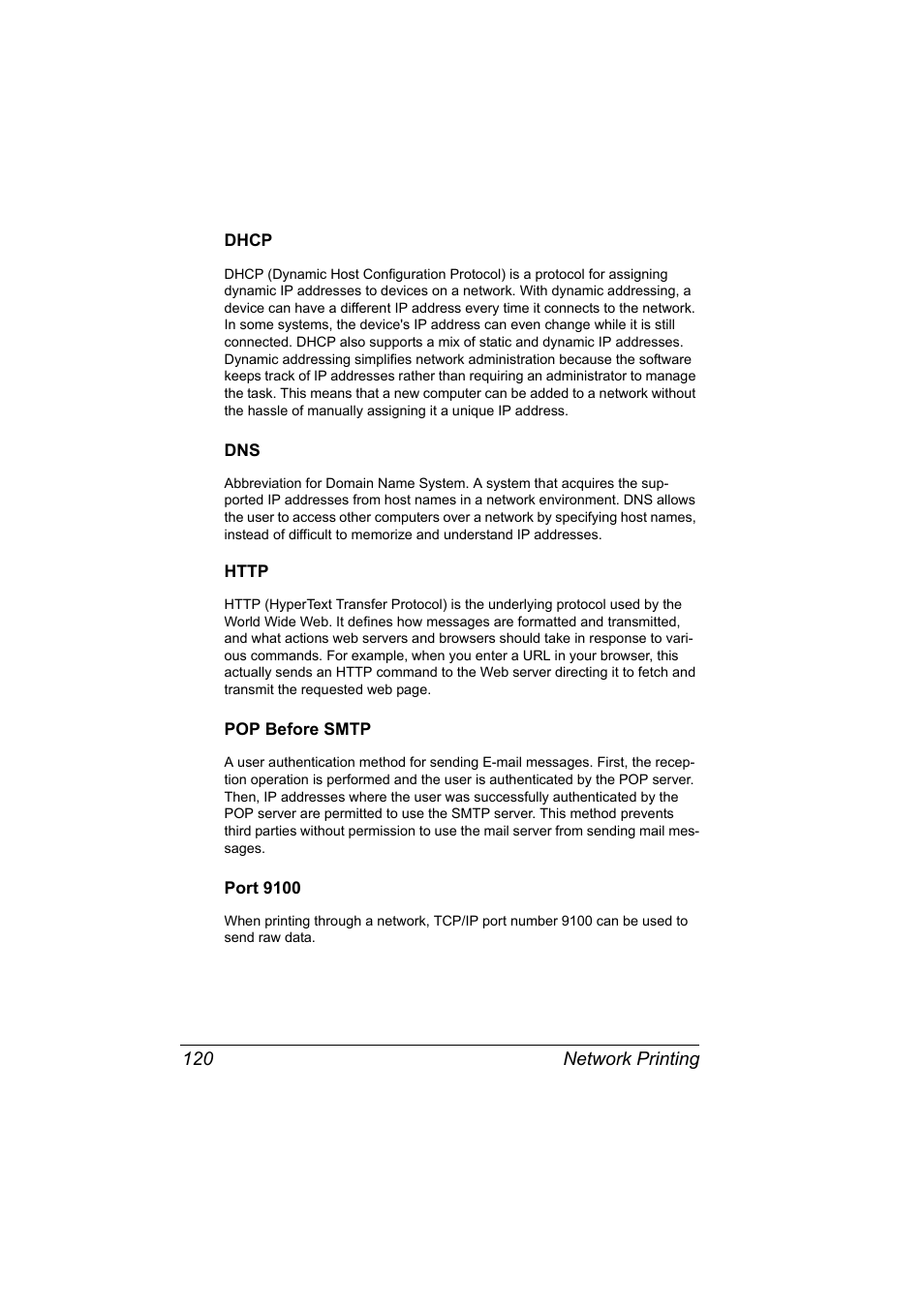 Dhcp, Http, Pop before smtp | Port 9100 | Konica Minolta bizhub C10X User Manual | Page 130 / 198