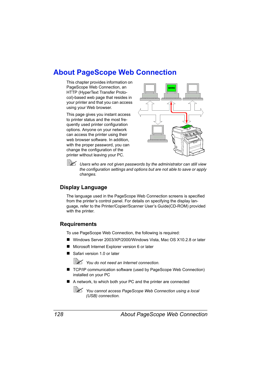 Display language, Requirements, Display language 128 requirements 128 | About pagescope web connection | Konica Minolta bizhub C10X User Manual | Page 138 / 198