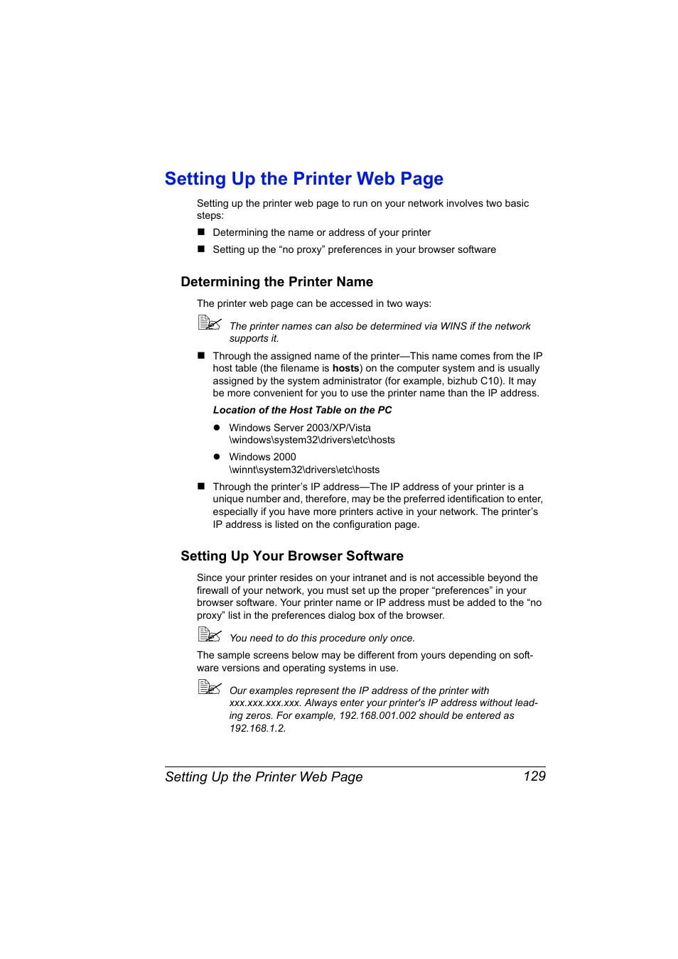 Determining the printer name, Setting up your browser software, Setting up the printer web page | Konica Minolta bizhub C10X User Manual | Page 139 / 198