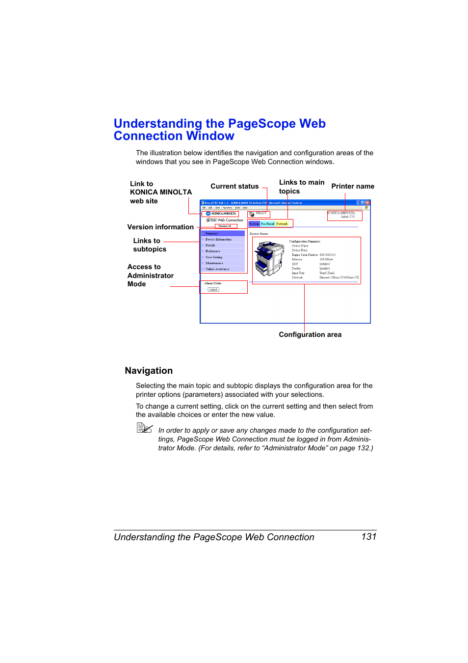 Navigation, Navigation 131, Understanding the pagescope web connection window | Konica Minolta bizhub C10X User Manual | Page 141 / 198