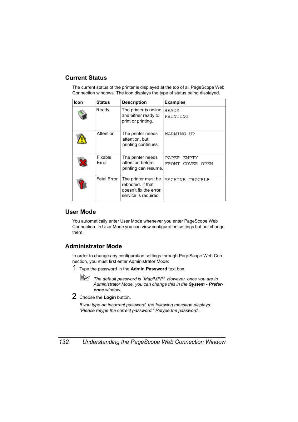 Current status, User mode, Administrator mode | Konica Minolta bizhub C10X User Manual | Page 142 / 198